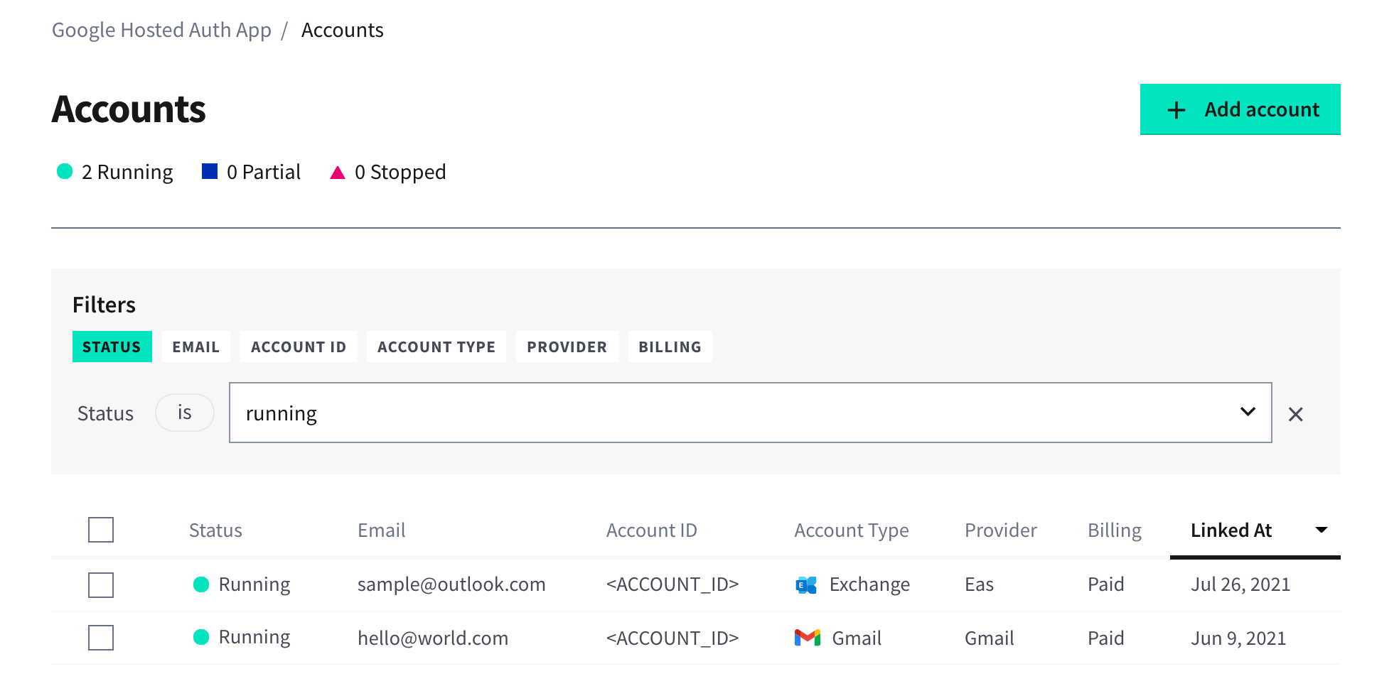 Accounts summary page