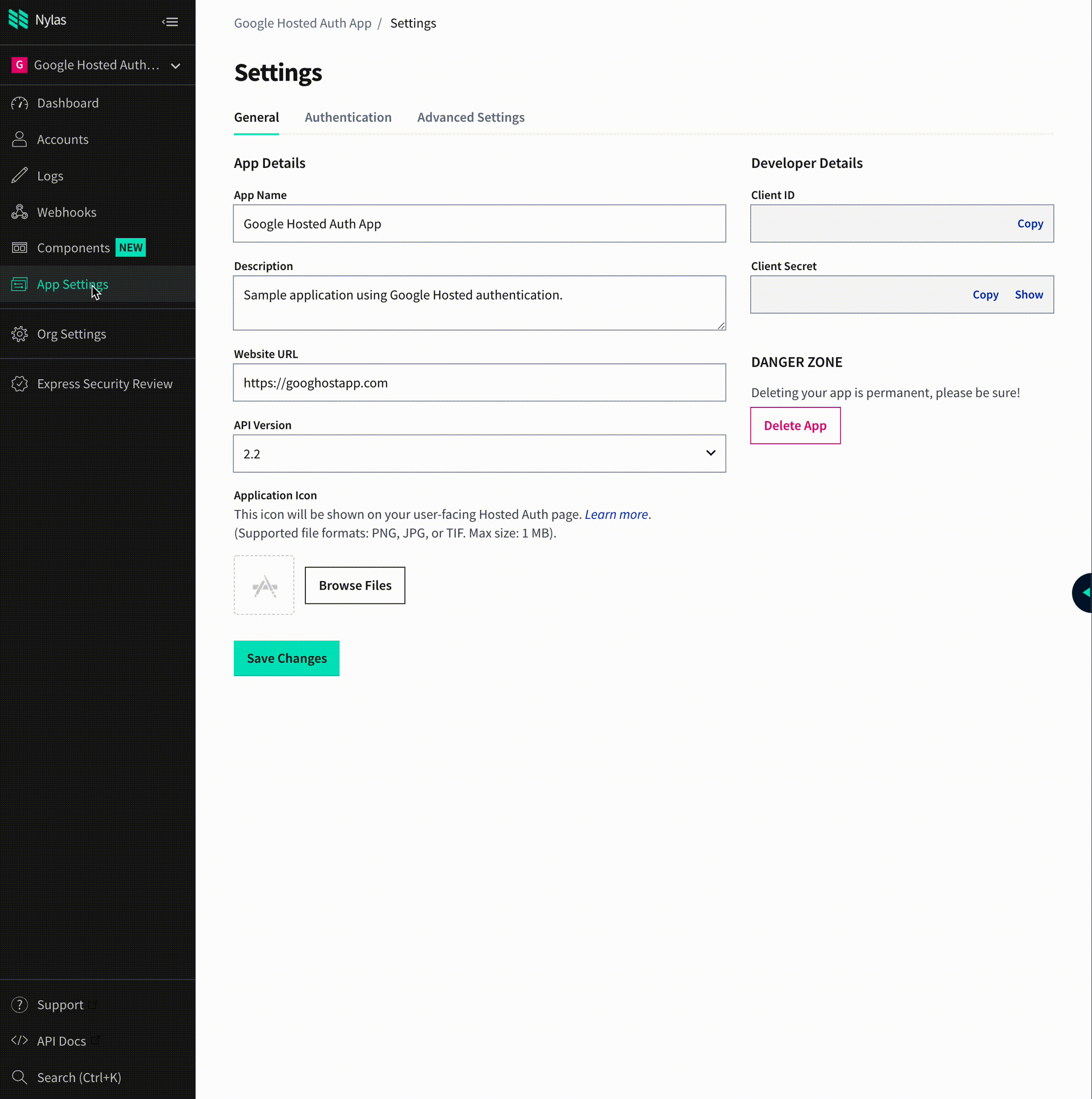 Dashboard App Settings