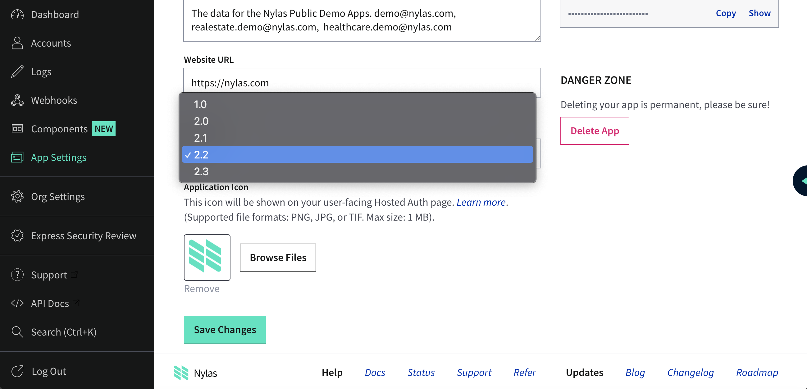 The API version selector is shown with the dropdown open.