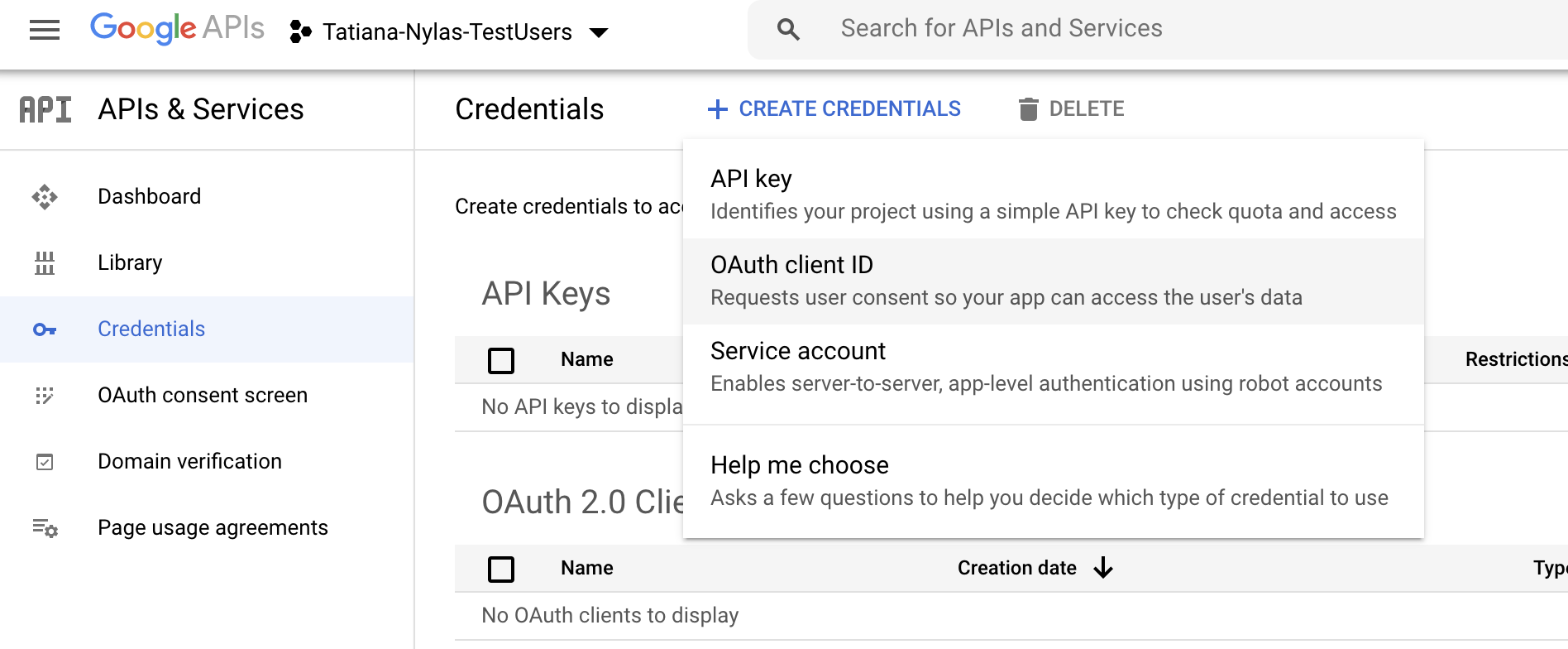 Google Console Create Credentials