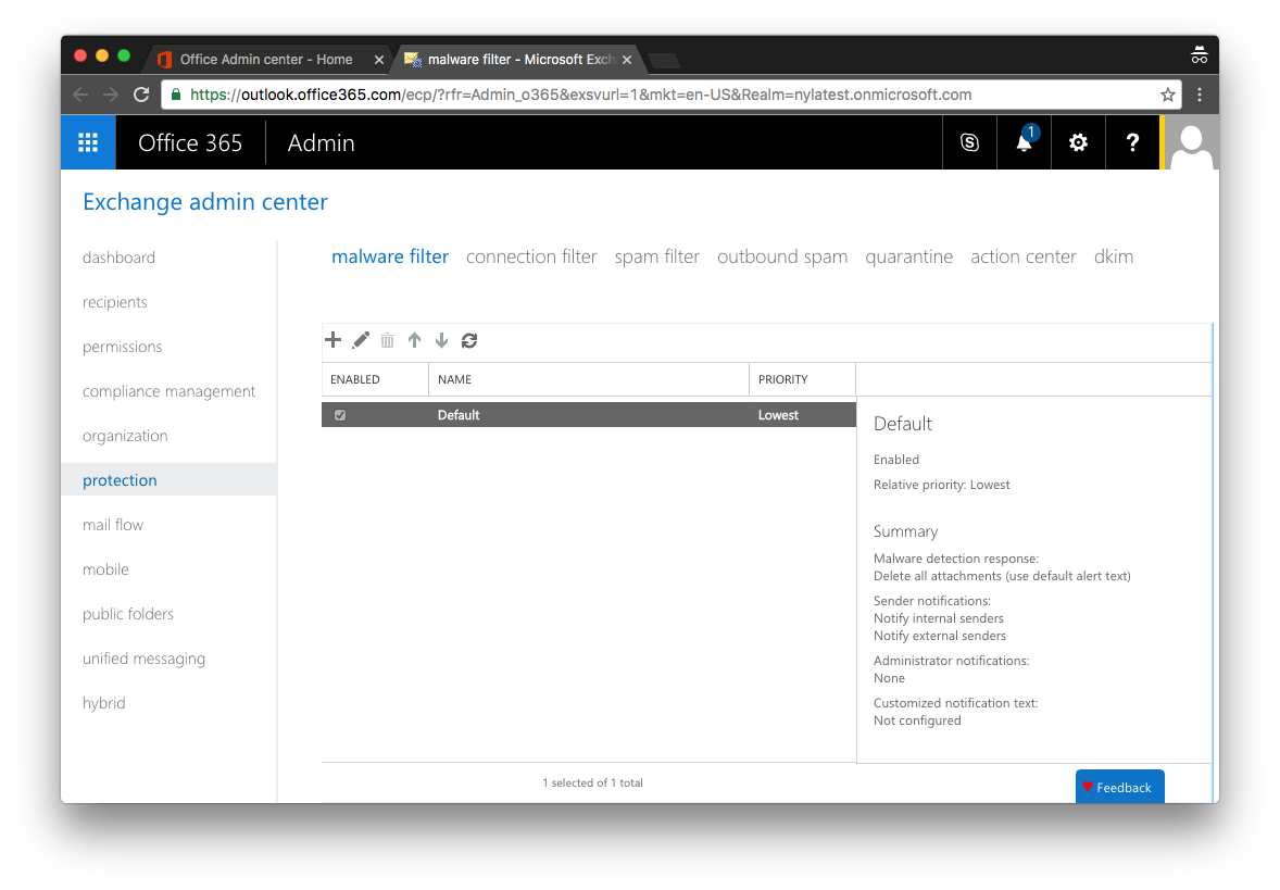 Office 365 Malware Settings