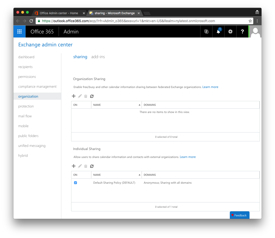 Office 365 Sharing Settings