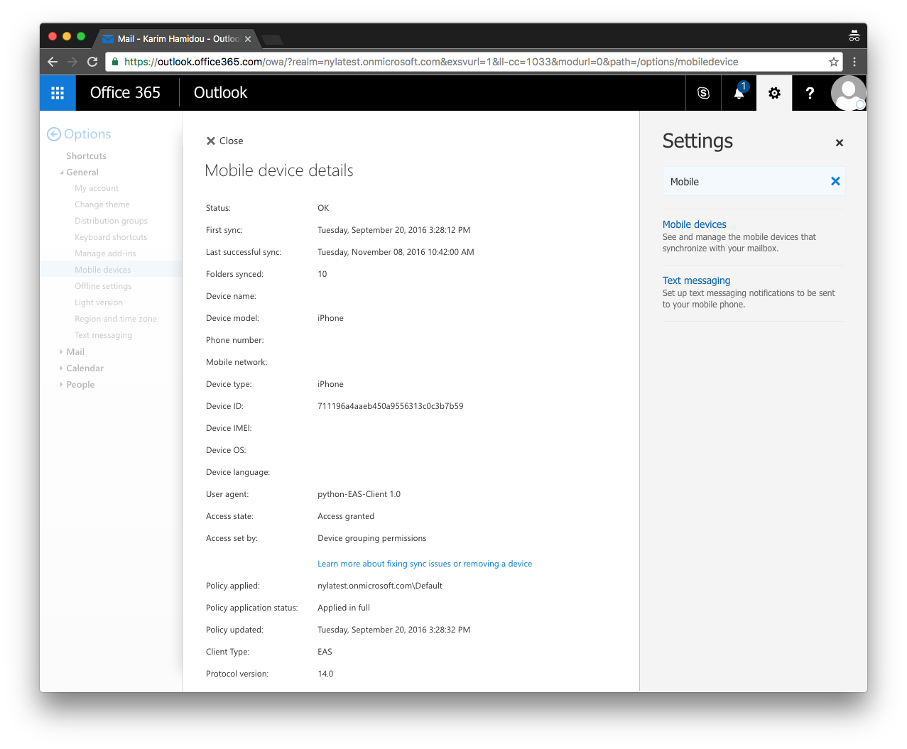 Outlook mobile device logs