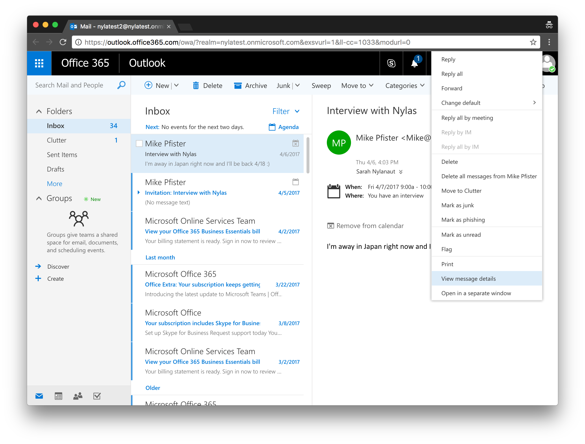 Outlook Message Details