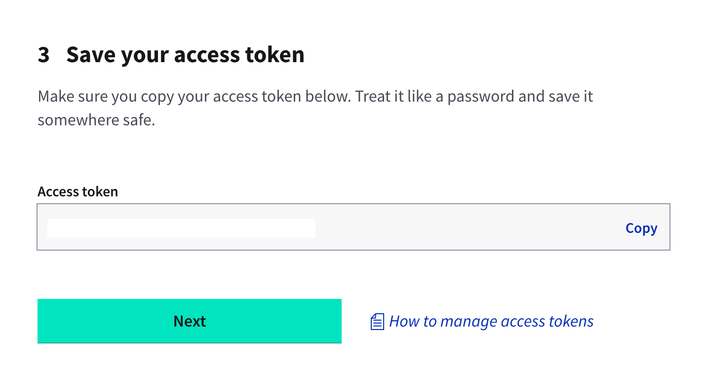 Quickstart welcome page access token step 3