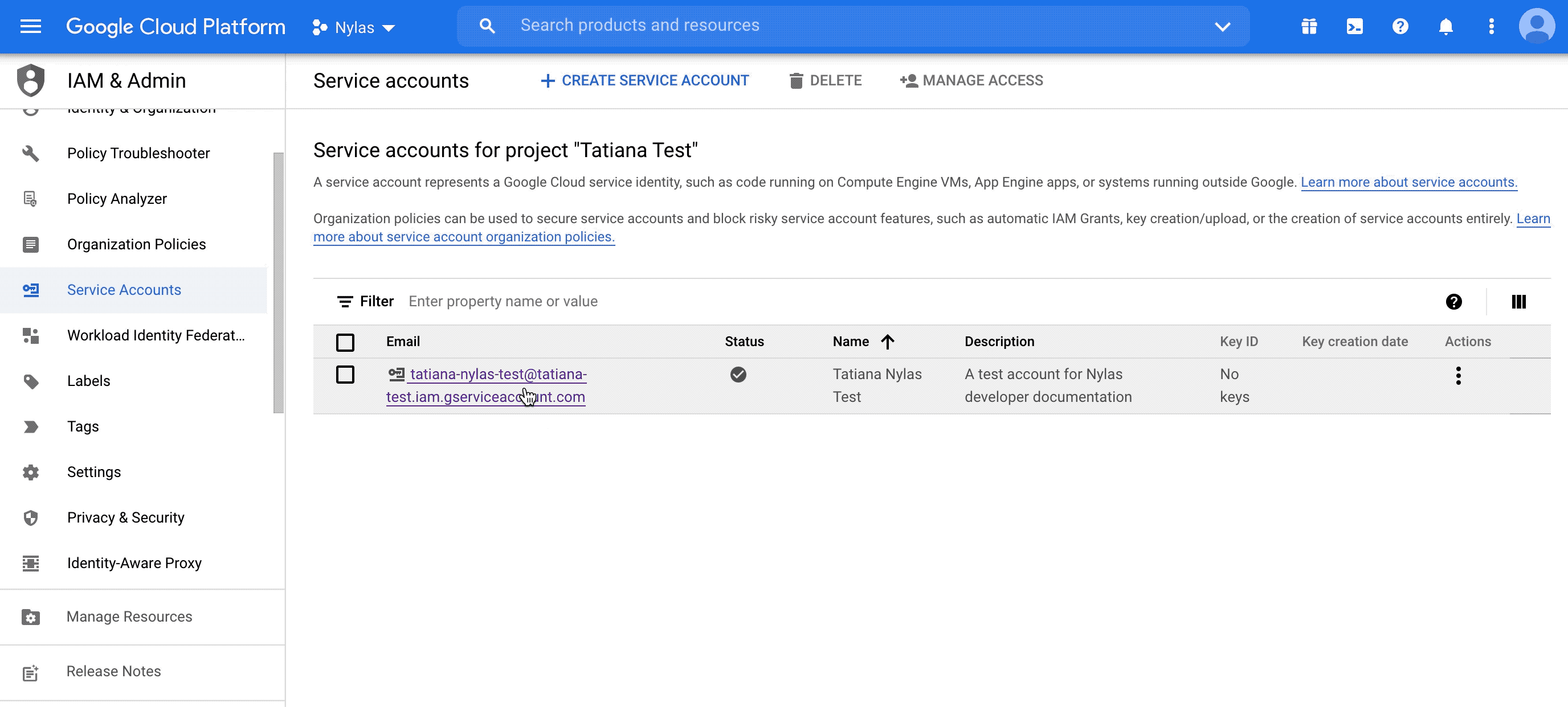 Create a new key. Google Service Accounts