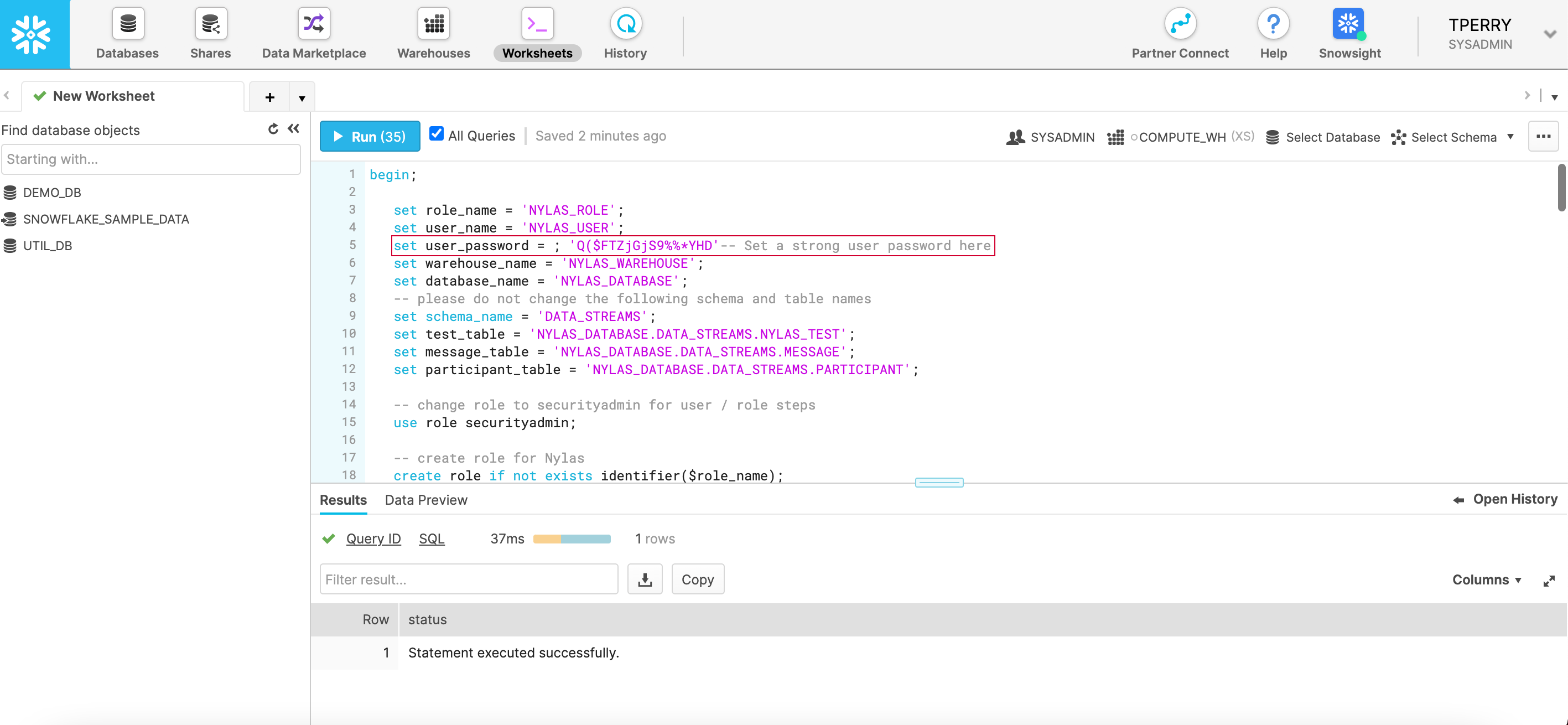 Image showing Snowflake with script that has completed successfully.