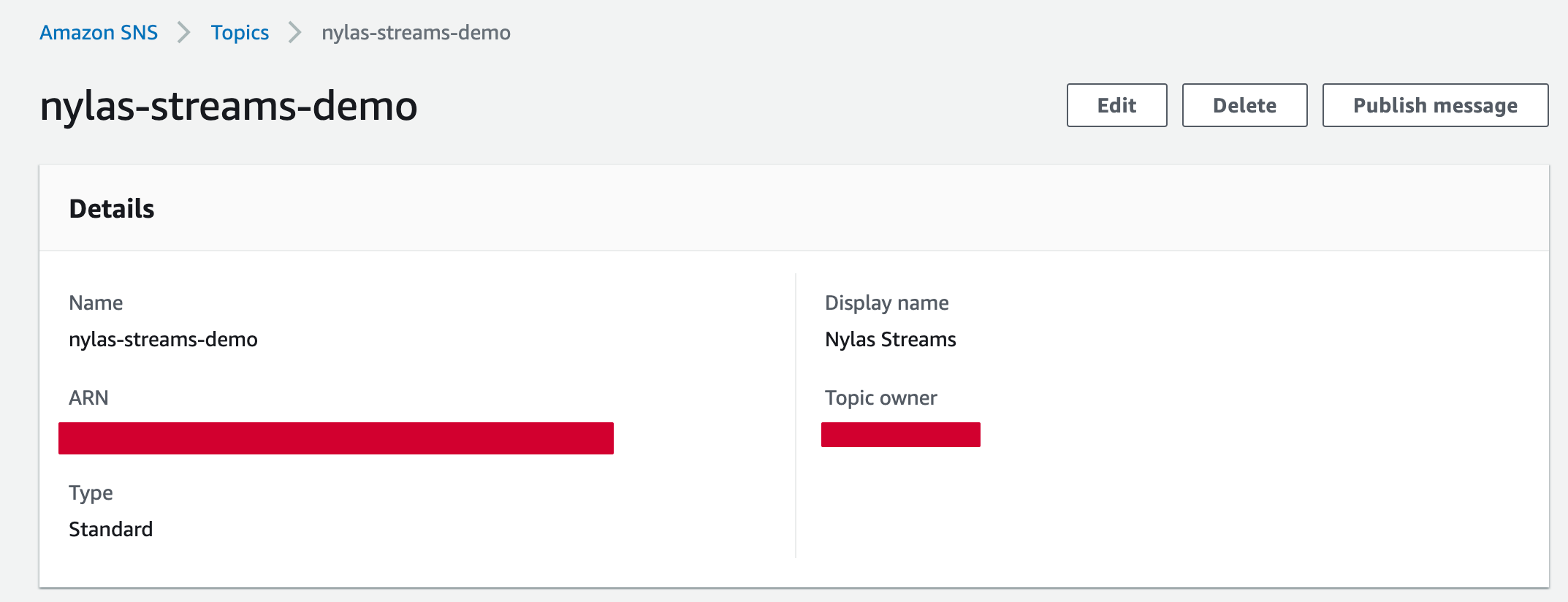 Image of Amazon SNS Topic ARN page.